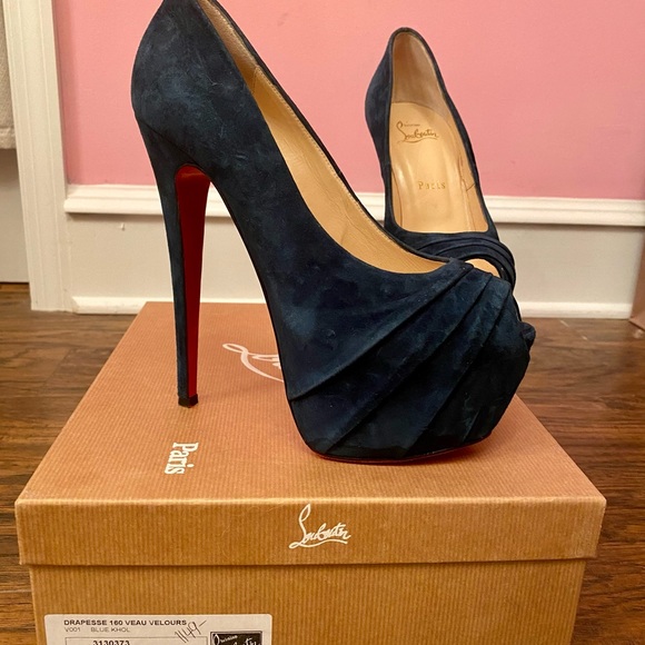 Christian Louboutin Drapesse 160 Suede Teal Peep Toe Heels